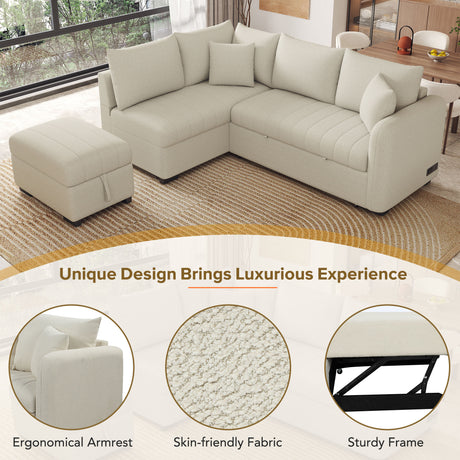 Modern L-shaped Sectional Pull Out Sofa Bed with USB Ports and Storage Ottoman, Beige, Jacquard Fabric, 82.6' - sold by Home Elegance USA