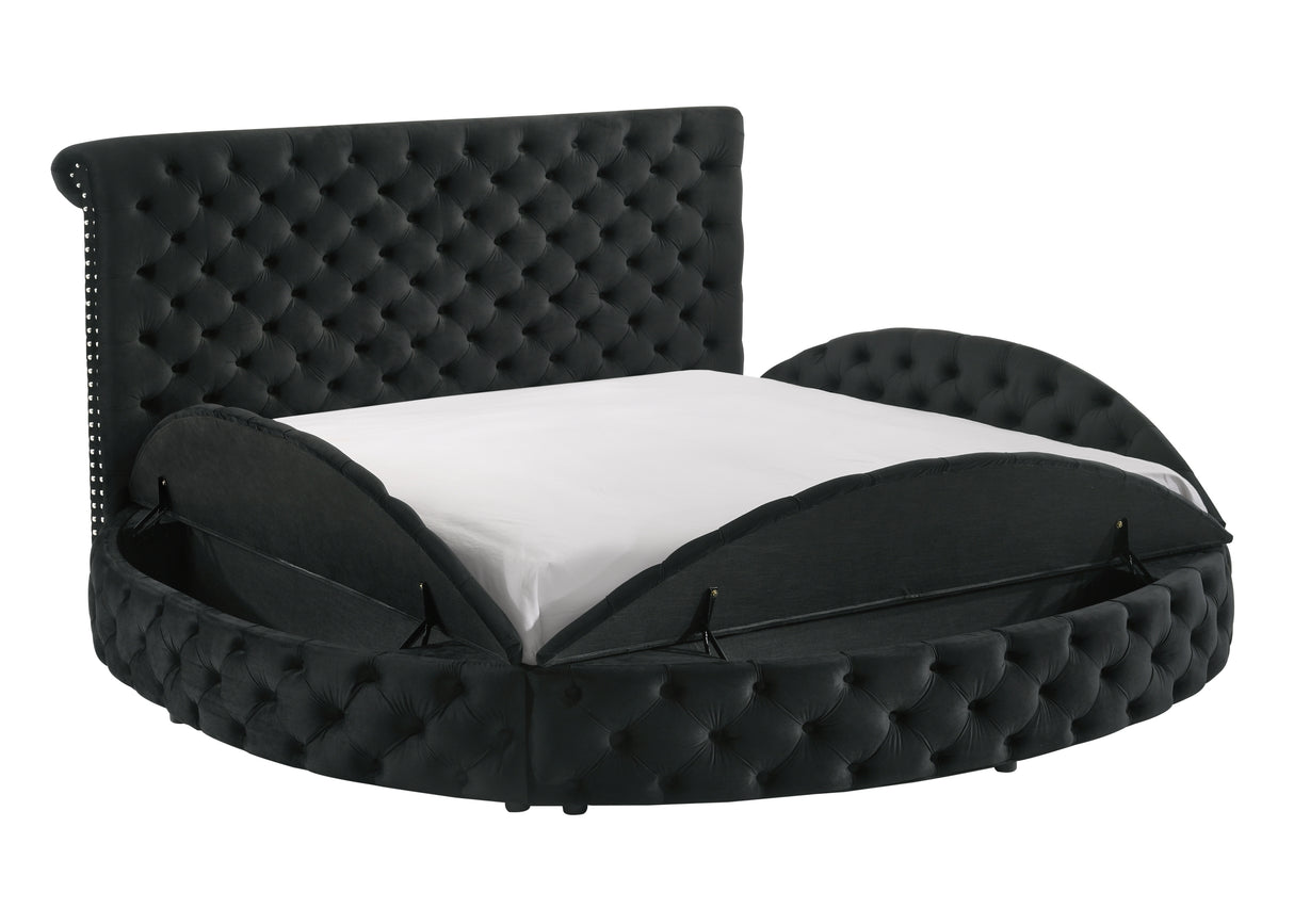 1pc Unique Round Plush Black Velvet Button-Tufted Detailing Storage Bed King Size
