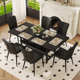 Table and chair set.71*35.4 inch Black Grain Spliced Dining Table With Storage Function In The Middle Of The Legs.Paired with 6 Black PU chairs with a vertical stripe design on the backrest.