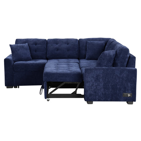 Navy Blue L-shape Sofa Bed with Pull-out Sleeper, USB Ports, Power Sockets, Corded Velveteen, 82.6' - sold by Home Elegance USA