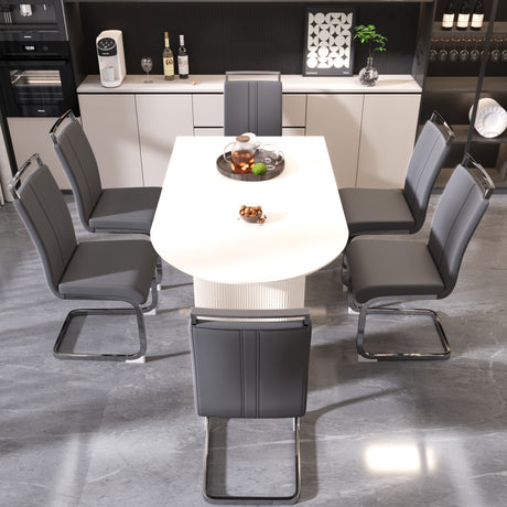 63 'medieval modern cream style MDF dining table and PU armless dining chair set 6. Assemble Desktop and Silver plated metal leg dining chair set, suitable for home&kitchen - sold by Home Elegance USA