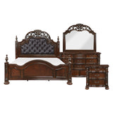 Adelina Bedroom Set in cherry finish with tufted faux-leather headboard and carved details. Includes bed, dresser, mirror, nightstand, and optional chest. Traditional design by Homelegance.