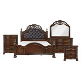 Adelina Bedroom Set in cherry finish with tufted faux-leather headboard and carved details. Includes bed, dresser, mirror, nightstand, and optional chest. Traditional design by Homelegance.