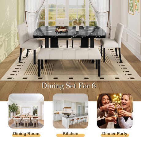 6 Piece Modern Dining Table Set, 63' Faux Marble Dining Table with Geometric Legs & 4 Upholstered Chairs & 1 Bench, Suitable for Dining Kitchen Room,Easy to Assemble, Beige+Black - sold by Home Elegance USA