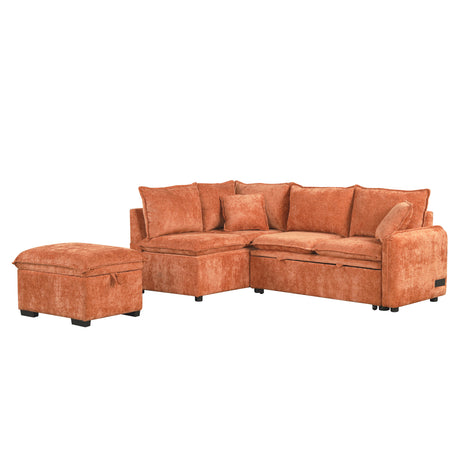 Convertible L-shaped Sofa Bed with Storage Ottoman, Power Sockets & USB Ports, Orange Chenille, 82.67' - sold by Home Elegance USA