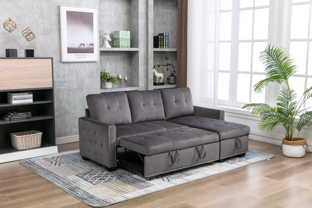 77 Inch Reversible Sectional Storage Sleeper Sofa Bed , L - Shape 2 Seat Sectional Chaise With Storage , Skin - Feeling Velvet Fabric ,Dark Grey Color For Living Room Furniture | Home Elegance USA