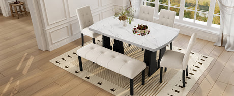 6 Piece Modern Dining Table Set, 63' Faux Marble Dining Table with Geometric Legs & 4 Upholstered Chairs & 1 Bench, Suitable for Dining Kitchen Room,Easy to Assemble, Beige + White - sold by Home Elegance USA