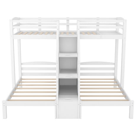 Twin over Twin & Twin Bunk Bed with Built-in Staircase and Storage Drawer,White - sold by Home Elegance USA