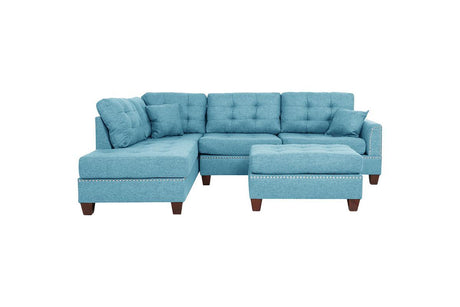 Modern Blue Color 3pcs Sectional Living Room Furniture Reversible Chaise Sofa And Ottoman Tufted Polyfiber Linen Like Fabric Cushion Couch Pillows - sold by Home Elegance USA