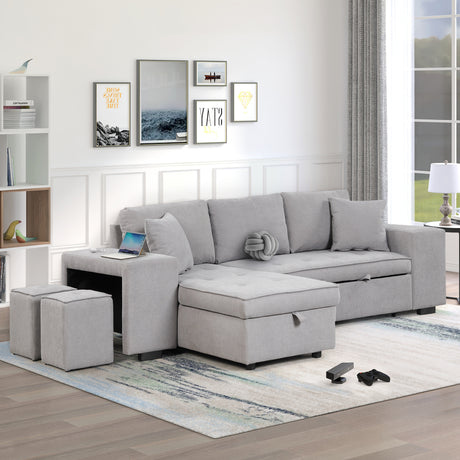 Modern Reversible L-Shape Pull Out Sleeper Sofa with Storage Chaise and Stools, Gray Linen, 104.5' - sold by Home Elegance USA
