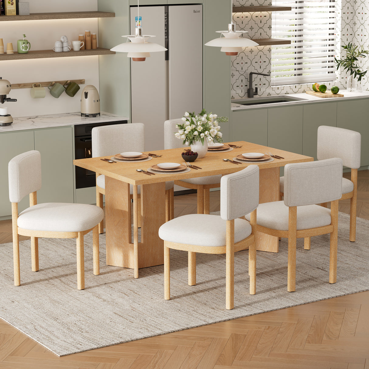 TREXM Farmhouse Wood Dining Table Set for 6 with 6 Upholstered Chairs, 60' Rectangular Dining Table with Cutout Table Legs for Dining Room, Kitchen and Living Room (Natural Wood Wash)