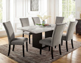 Gorgeous Marble Top Table w 6x Side Chairs Light Gray Flannelette Upholstered Chair Dining Room 7pc Set Wooden Furniture