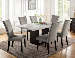 Gorgeous Marble Top Table w 6x Side Chairs Light Gray Flannelette Upholstered Chair Dining Room 7pc Set Wooden Furniture - sold by Home Elegance USA
