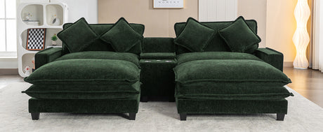 Chenille Upholstered 111' Sectional Sofa with Two Removable Ottomans, USB Ports, Cup Holders, and Storage, Green - sold by Home Elegance USA
