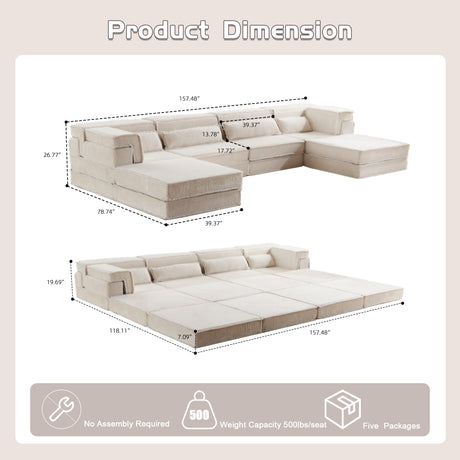 Compression Mahjong Sofa,Convertible Floor Sofa Bed,DIY Boneless Modular Sectional Sofa,No Assembly Required,Circle fleece fabric,Oversized 4 Seater with 2 Ottoman,White - sold by Home Elegance USA