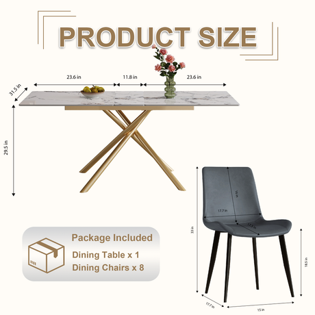 Modern 59-inch Expandable Dining Table with Retractable Leaf, Charred Stone Top & Golden Carbon Steel X-Base, 4-8 Person Set with 8 Gray PU Chairs for Small Apartments, Kitchen - sold by Home Elegance USA