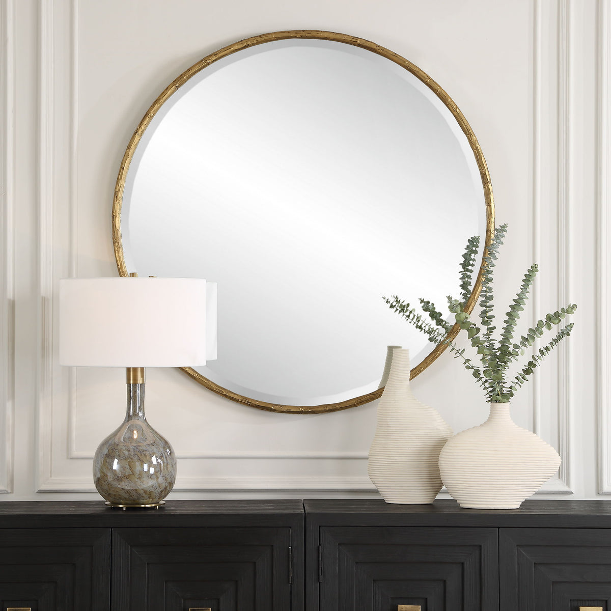 Sutton Aged Gold Round Mirror by Uttermost - View 2
