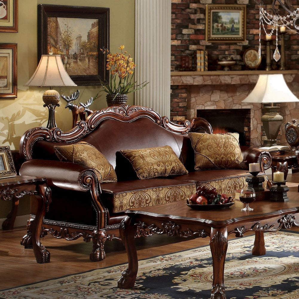 Acme - Dresden Sofa W/3 Pillows 15160 Brown Synthetic Leather & Chenille, Cherry Oak Finish