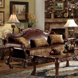 Acme - Dresden Sofa W/3 Pillows 15160 Brown Synthetic Leather & Chenille, Cherry Oak Finish