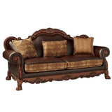 Acme - Dresden Sofa W/3 Pillows 15160 Brown Synthetic Leather & Chenille, Cherry Oak Finish