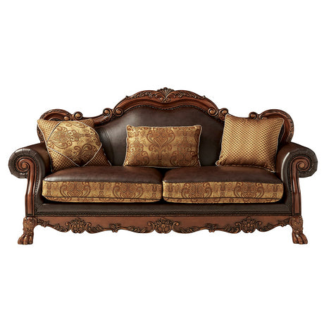 Acme - Dresden Sofa W/3 Pillows 15160 Brown Synthetic Leather & Chenille, Cherry Oak Finish