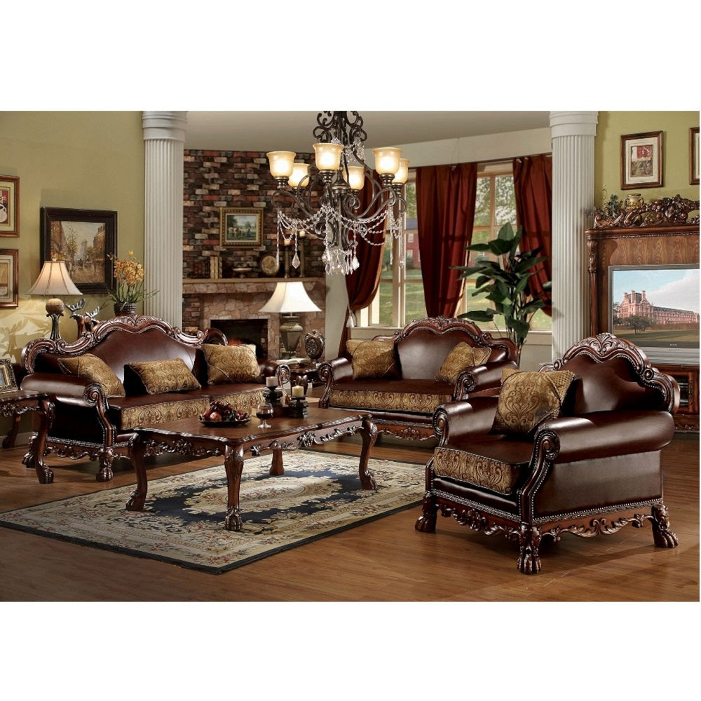 Acme - Dresden Sofa W/3 Pillows 15160 Brown Synthetic Leather & Chenille, Cherry Oak Finish