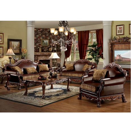 Acme - Dresden Sofa W/3 Pillows 15160 Brown Synthetic Leather & Chenille, Cherry Oak Finish