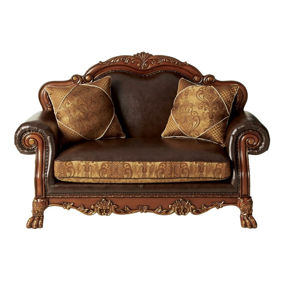 Acme - Dresden Loveseat W/2 Pillows 15161 Brown Synthetic Leather & Chenille, Cherry Oak Finish