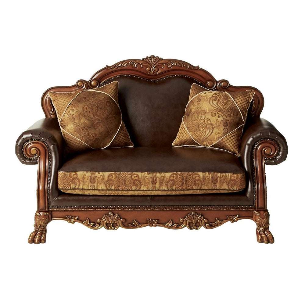 Acme - Dresden Chair W/Pillow 15162 Brown Synthetic Leather & Chenille, Cherry Oak Finish