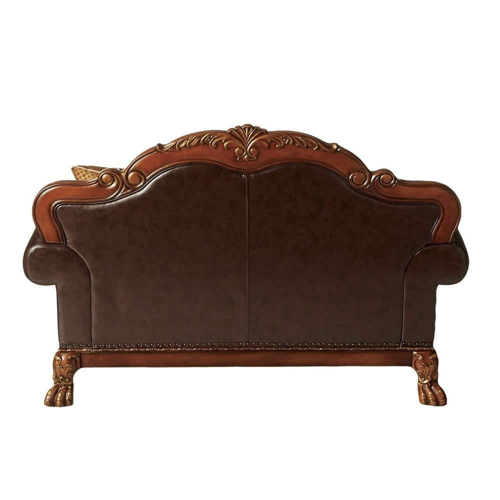 Acme - Dresden Loveseat W/2 Pillows 15161 Brown Synthetic Leather & Chenille, Cherry Oak Finish