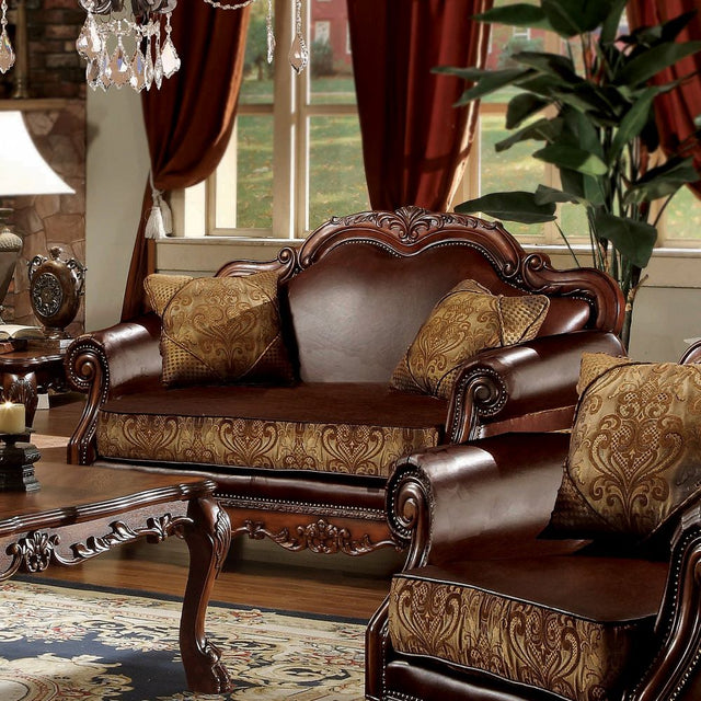 Acme - Dresden Chair W/Pillow 15162 Brown Synthetic Leather & Chenille, Cherry Oak Finish