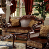 Acme - Dresden Loveseat W/2 Pillows 15161 Brown Synthetic Leather & Chenille, Cherry Oak Finish