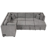 U-shaped Sectional Sofa Pull out Sofa Bed with USB Ports, Power Sockets, Storage Chaise, Light Gray Chenille, 108.6'