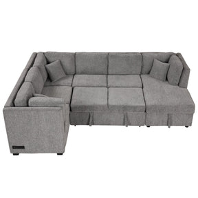 U-shaped Sectional Sofa Pull out Sofa Bed with USB Ports, Power Sockets, Storage Chaise, Light Gray Chenille, 108.6' - sold by Home Elegance USA