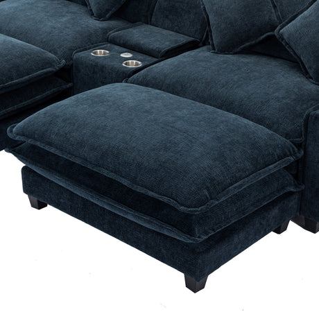 Contemporary Chenille Upholstered Sectional Sofa with Ottomans, USB Ports, Cup Holders & Storage, Blue - sold by Home Elegance USA