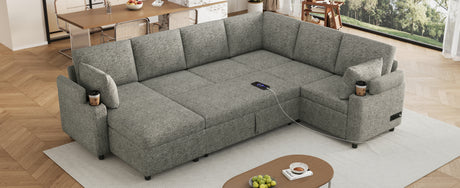 Versatile Light Grey Chenille Sectional Sofa Bed with Storage, Cup Holders & Charging Ports, 109.9' - sold by Home Elegance USA