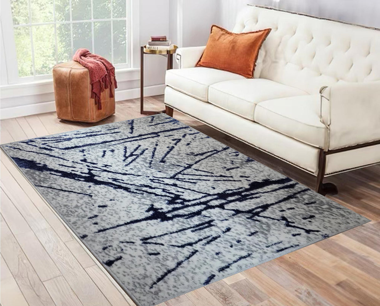 Shifra Luxury Area Rug in Gray with Navy Blue Abstract Design - Home Elegance USA