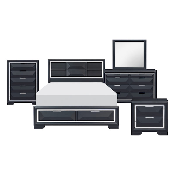 Black bedroom furniture set with a bed, dresser, and mirror on a white background
