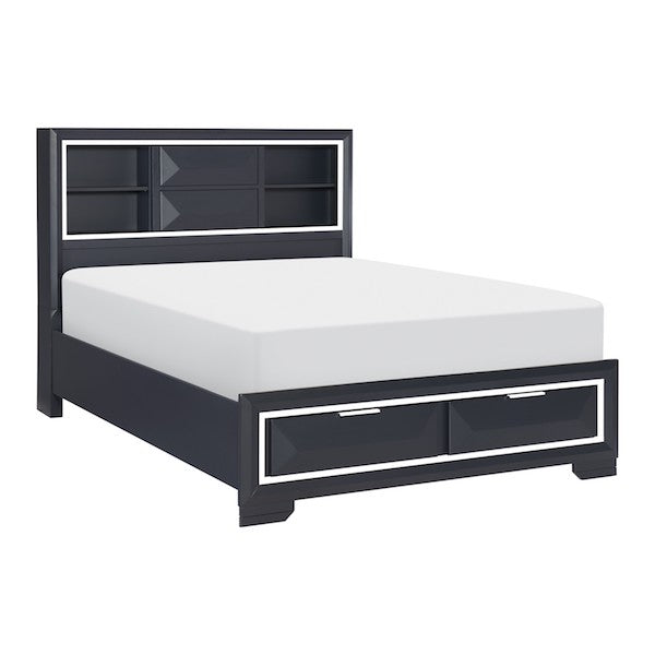 Black metal bed frame with storage drawers on a white background