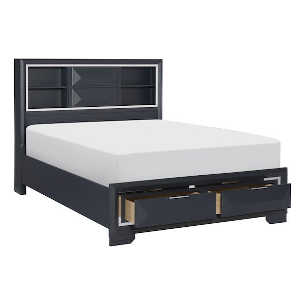 Black bed frame with storage drawers and white mattress on a white background