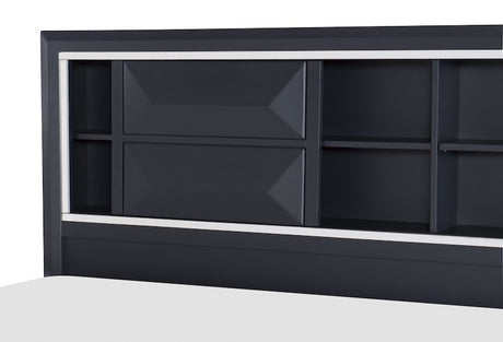 Black headboard with geometric design on a white background