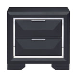 Black nightstand with two drawers on a white background