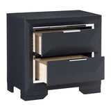 Black nightstand with two drawers on a white background