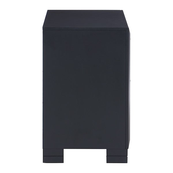 Black rectangular side table on a white background