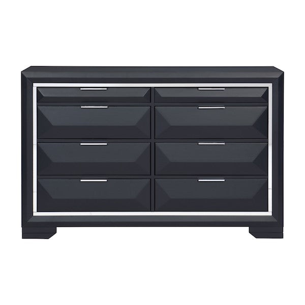 Black dresser with multiple drawers on a white background