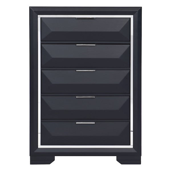 Black dresser with five drawers on a white background