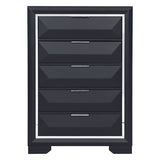 Black dresser with five drawers on a white background