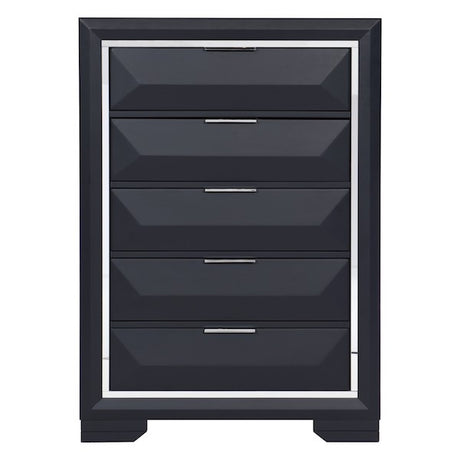 Black dresser with five drawers on a white background