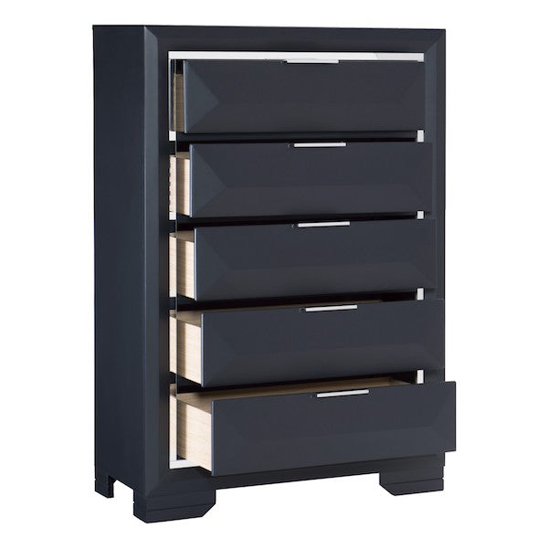 Black dresser with four drawers on a white background