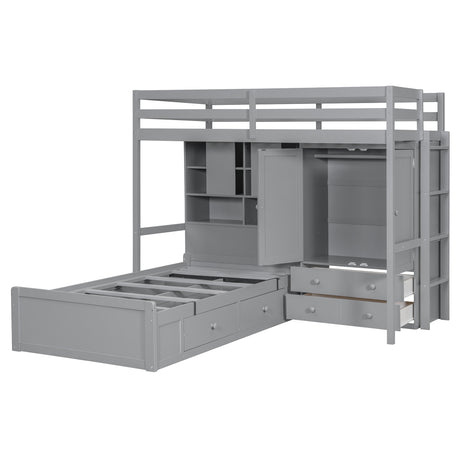 Twin Bunk Bed with Drawers, Wardrobe, Storage Shelves and Hydraulic Bed,Gray - sold by Home Elegance USA